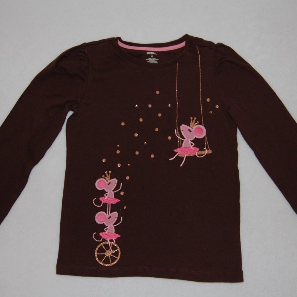 Gymboree Girls Size 10, Brown Long Sleeve Shirt w Sparkly Circus Mice Applique